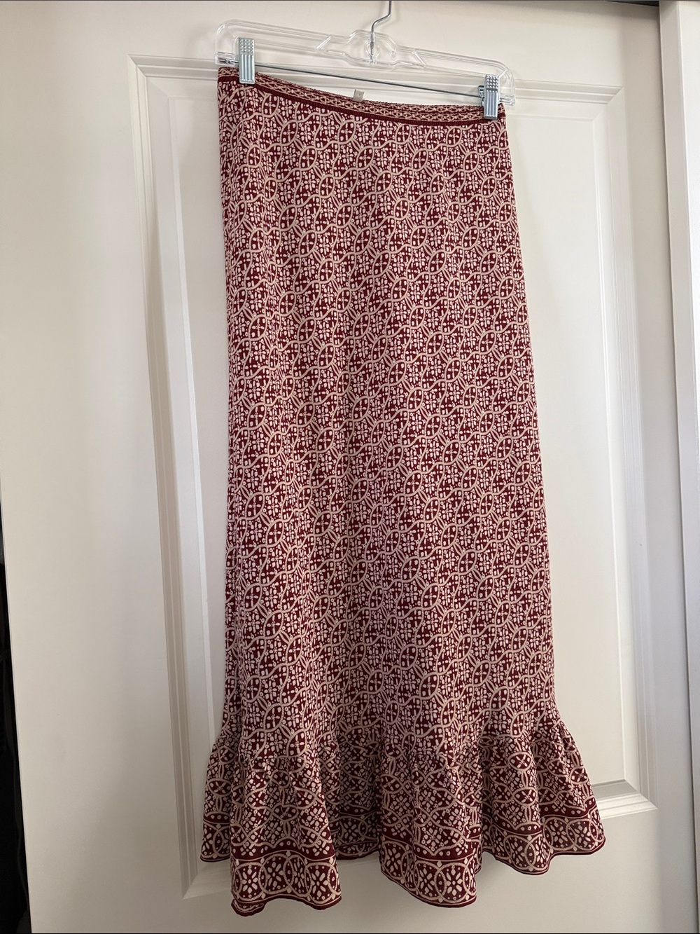 Max Studio Burgundy and White Patterned Ruffle-Hem Maxi Skirt